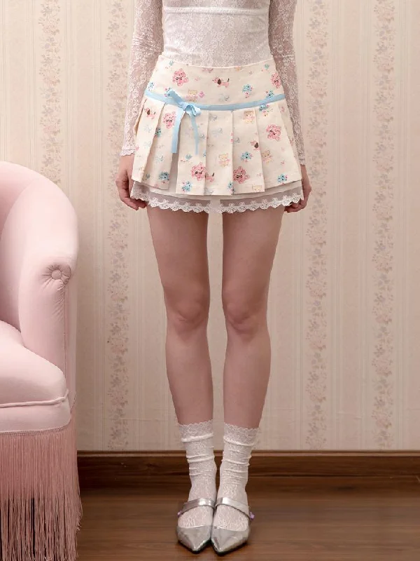 Original cat, dog and bear print skirt with bow denim skirt classic