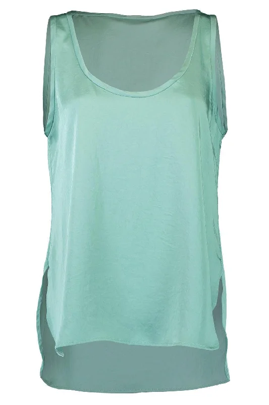 Lightweight Texture Satin Scoop Neck Tank - Sea Green spandex blend tank