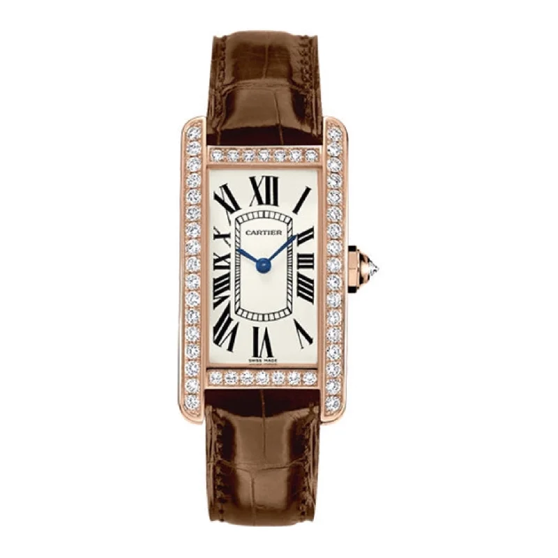 Cartier Tank Americaine 34.8mm Watch - Ref: WJTA0002 - Silver Roman Dial & Diamond Bezel in 18K Rose Gold Case, Brown Alligator Strap bold tank top Cartier Tank Americaine 34.8mm Watch - Ref: WJTA0002 - Silver Roman Dial & Diamond Bezel in 18K Rose Gold Case, Brown Alligator Strap bold tank top