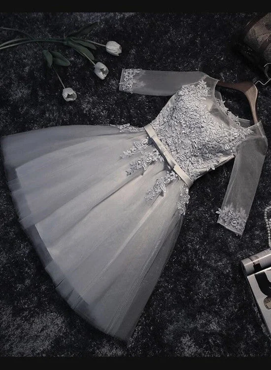 Grey Short Sleeves Homecoming Dresses, Elegant Tulle Graduation Dress, Lovely Party Dress Tunics Party sparkling Grey Short Sleeves Homecoming Dresses, Elegant Tulle Graduation Dress, Lovely Party Dress Tunics Party sparkling