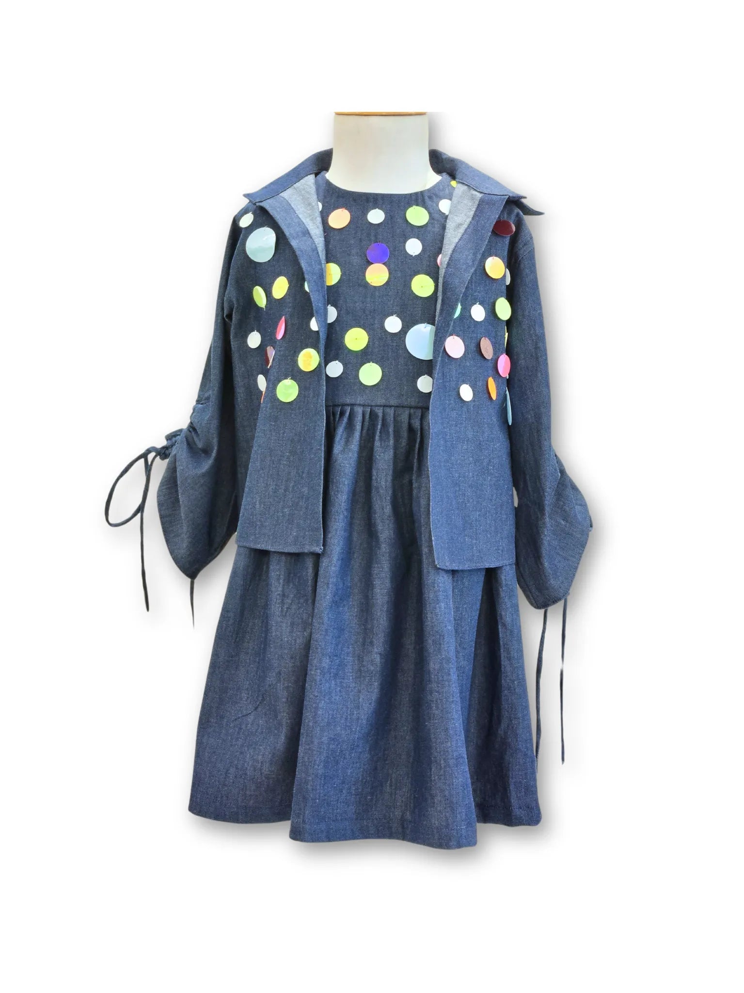 Sequence Embroidered Dark Denim Dress with Jacket Zippered Front Buttoned Front Snap Front Sequence Embroidered Dark Denim Dress with Jacket Zippered Front Buttoned Front Snap Front