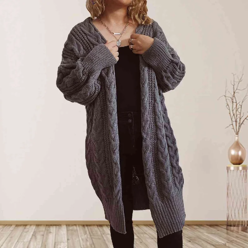 Cable-Knit Open Front Dropped Shoulder Cardigan Herringbone Houndstooth Plaid