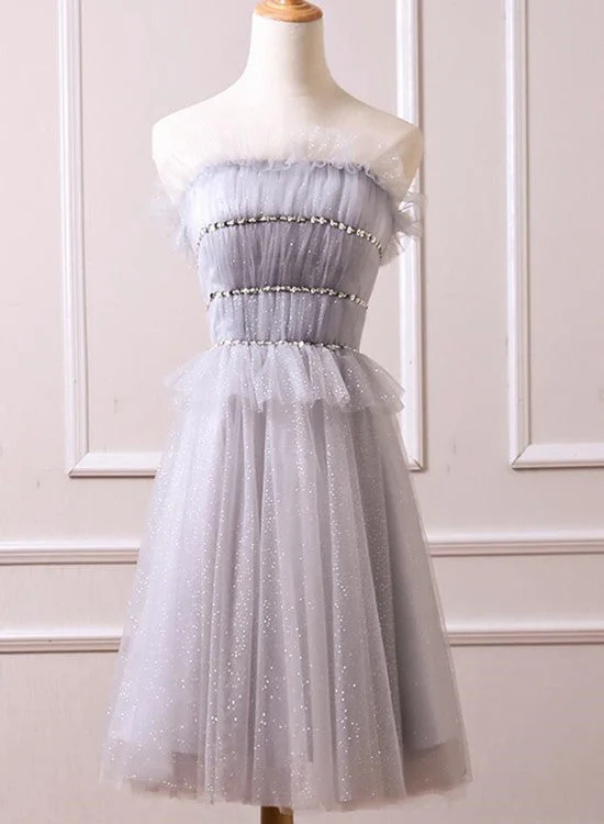 Grey Tulle Beaded Short Party Dress, Grey Tulle Formal Dress, Homecoming Dress Tunics Winter warm Grey Tulle Beaded Short Party Dress, Grey Tulle Formal Dress, Homecoming Dress Tunics Winter warm