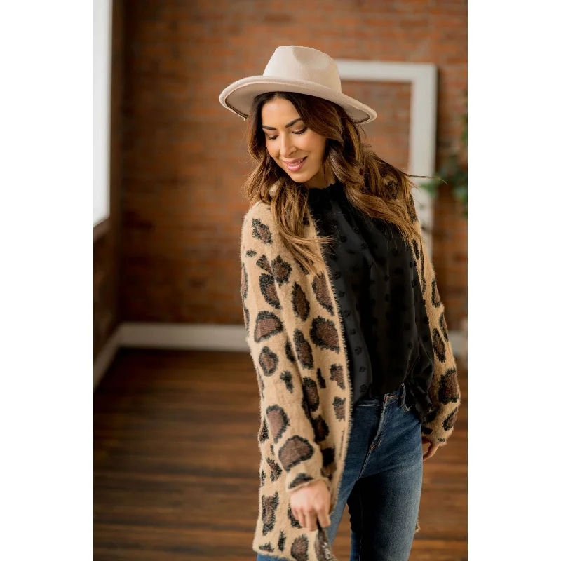 Fuzzy Cheetah Pocket Cardigan Satin Blend Silk Blend Wool Blend