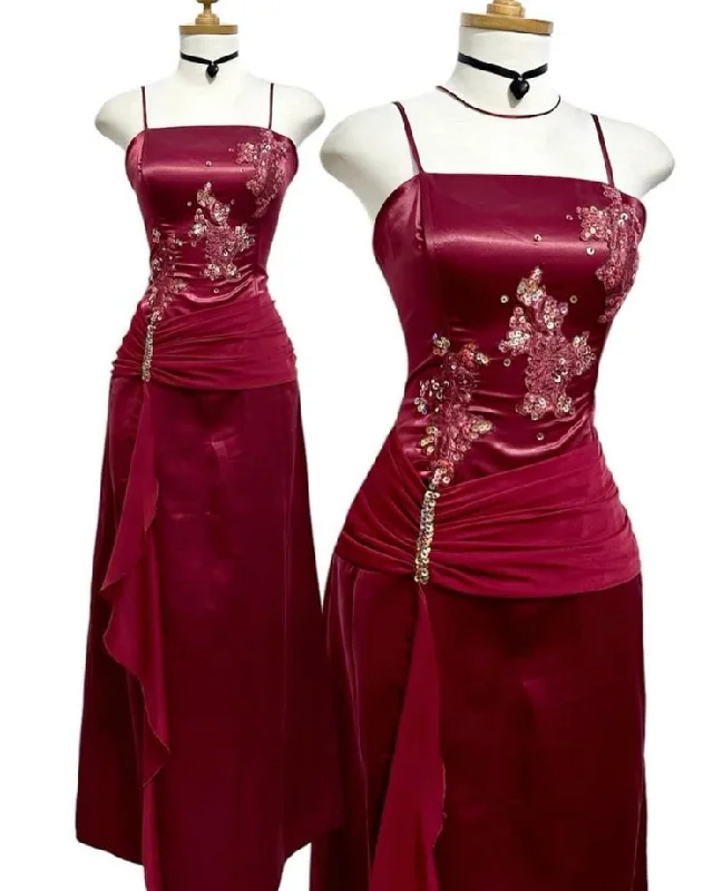 Wine Red Straps Sheath Satin Beading Vintage Party Dress Long Evening Dress, DP4911 Tunics Wedding white Wine Red Straps Sheath Satin Beading Vintage Party Dress Long Evening Dress, DP4911 Tunics Wedding white
