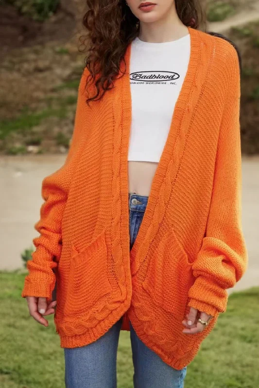 Cable-Knit Open Front Cardigan with Pockets Terry Blend Velvet Blend Canvas Blend