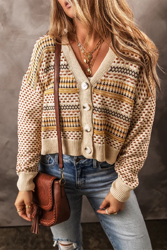Khaki Buttoned V Neck Cropped Cardigan Seamless Knitted Crochet
