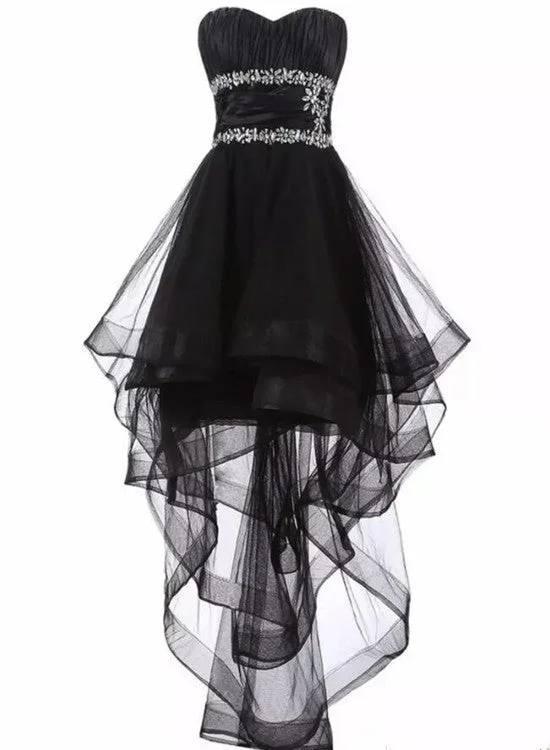 Black Tulle Beaded High Low Party Dresses, Homecoming Dresses, Black Prom Dress High-Low Hemline Casual Black Tulle Beaded High Low Party Dresses, Homecoming Dresses, Black Prom Dress High-Low Hemline Casual