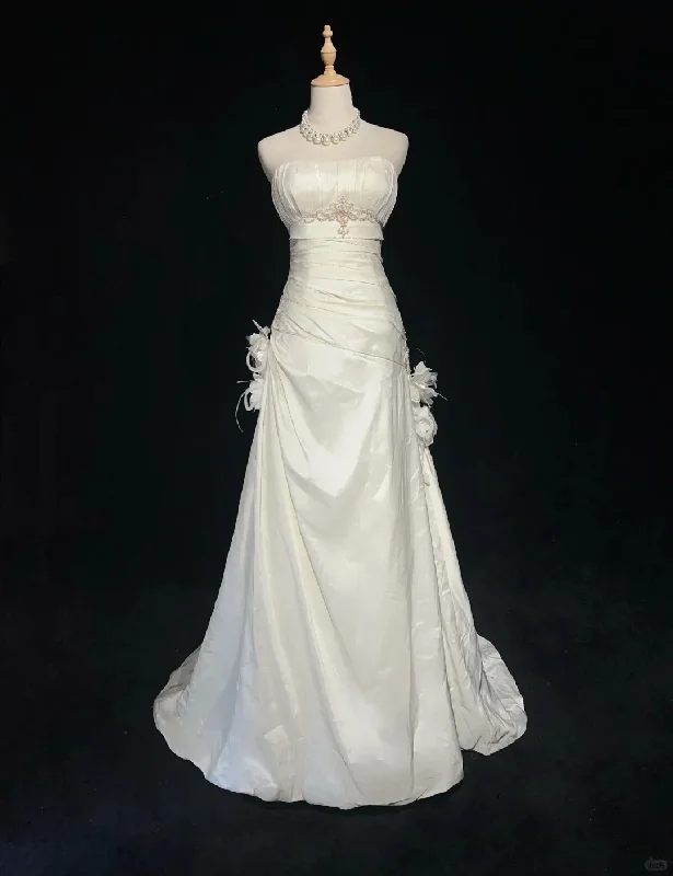 White Strapless A-Line Satin Beading Vintage Long Party Dress Bridal Dress, DP4883 Tunics Top rated White Strapless A-Line Satin Beading Vintage Long Party Dress Bridal Dress, DP4883 Tunics Top rated
