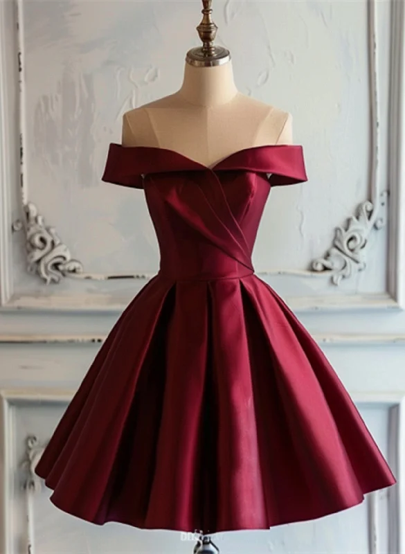 Wine Red Satin Off Shoulder Short Party Dress, Wine Red Homecoming Dress Cowl Neckline Elegant Wine Red Satin Off Shoulder Short Party Dress, Wine Red Homecoming Dress Cowl Neckline Elegant