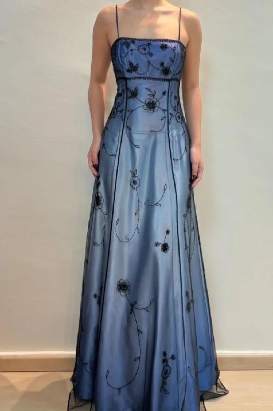 Blue Ombre Straps A-Line Beading Satin Vintage Party Dress Long Evening Dress, DP4845 Pleated Skirt Elegant Blue Ombre Straps A-Line Beading Satin Vintage Party Dress Long Evening Dress, DP4845 Pleated Skirt Elegant