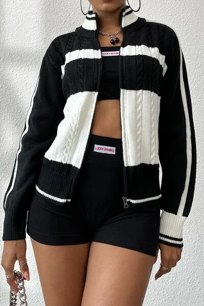 Cable-Knit Color Block Raglan Sleeve Cardigan Print Jacquard Patchwork