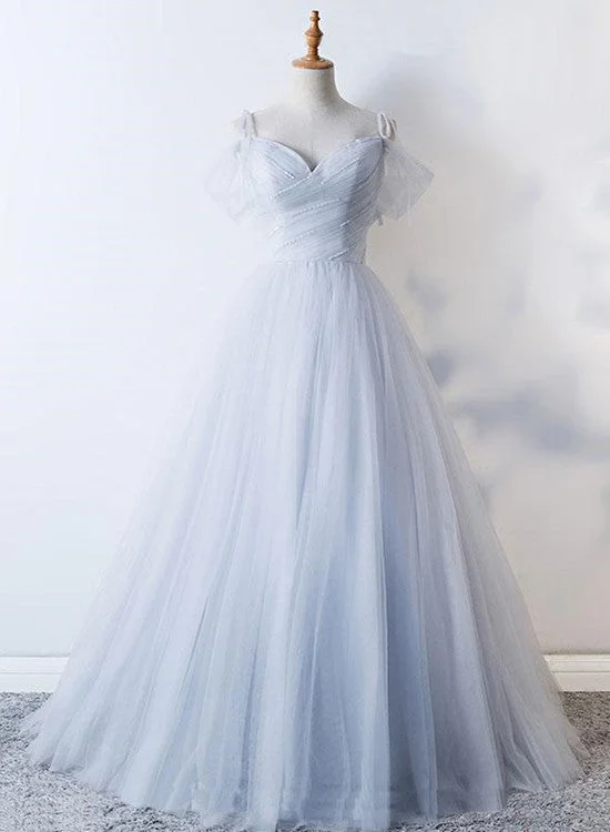 Gorgeous Light Grey Tulle Straps Beaded Party Dress, Grey Cute Long Formal Dress Pleated Skirt Elegant Gorgeous Light Grey Tulle Straps Beaded Party Dress, Grey Cute Long Formal Dress Pleated Skirt Elegant