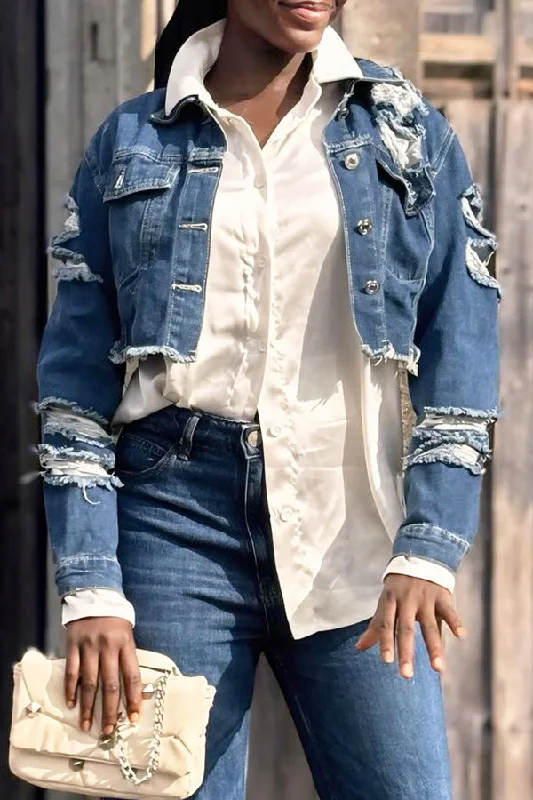 Street Style Ripped Denim Short Jacket Notch Collar Jacket Peter Pan Collar Jacket Cowl Neck Jacket Street Style Ripped Denim Short Jacket Notch Collar Jacket Peter Pan Collar Jacket Cowl Neck Jacket
