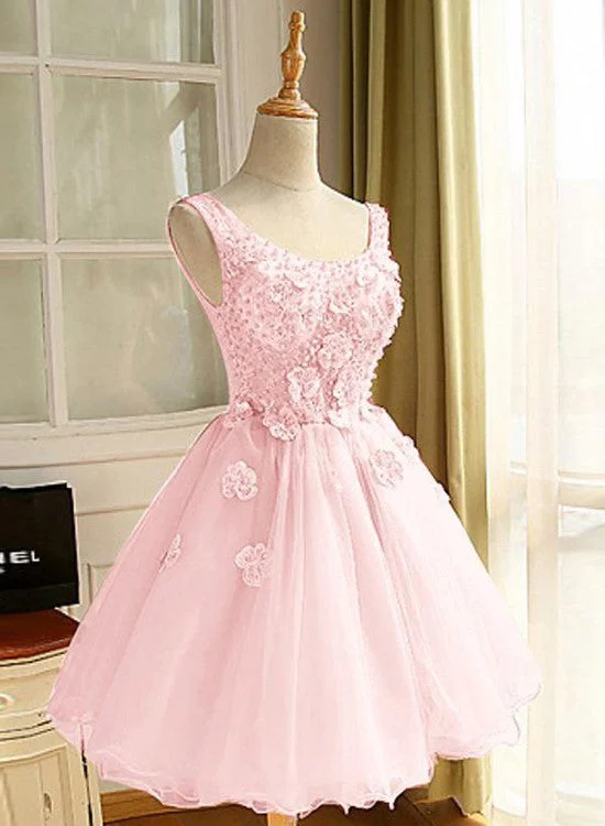 Pink Organza Beaded with Flowers Homecoming Dresses, Cute Round Short Party Dress Tunics Plaid country Pink Organza Beaded with Flowers Homecoming Dresses, Cute Round Short Party Dress Tunics Plaid country