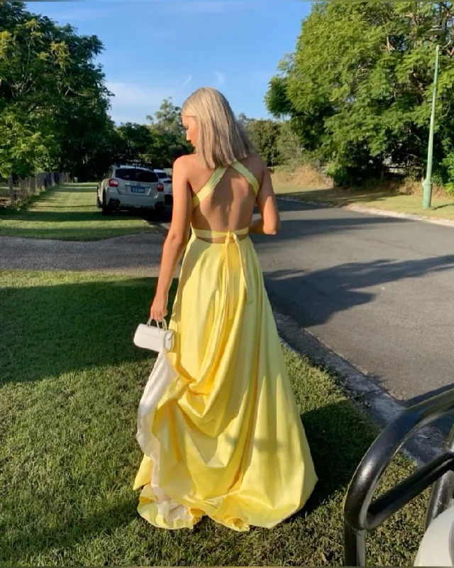 Yellow Deep V Neck A-Line Backless Formal Party Dress with Slit,DP1976 Glittery Long Formal Yellow Deep V Neck A-Line Backless Formal Party Dress with Slit,DP1976 Glittery Long Formal