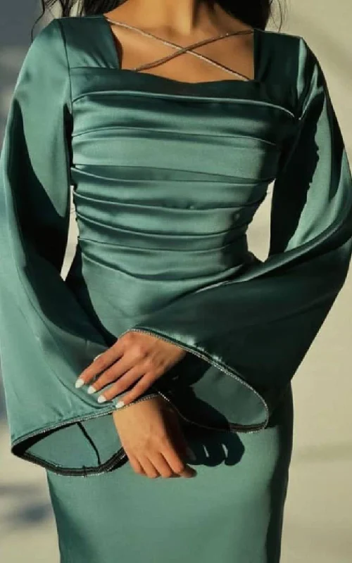 Elegant Green Satin Long Sleeves Midi Length Formal Party Dress Evening Dress, DP4909 Tunics Formal black