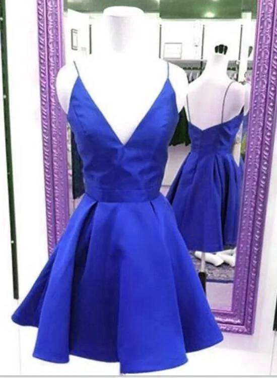 Royal Blue Short V-neckline Mini Homecoming Dress, Cute Party Dress, Simple Satin Party Dress Tunics Brand named Royal Blue Short V-neckline Mini Homecoming Dress, Cute Party Dress, Simple Satin Party Dress Tunics Brand named