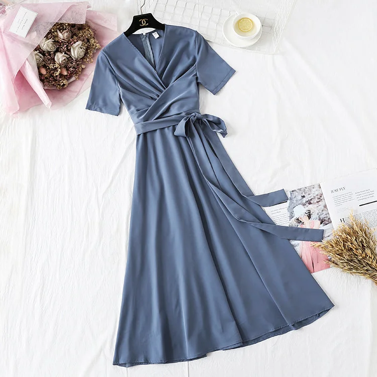 V-neck wrinkled waist showing thin French Kikyo skirt  3733 ribbed skirt waist