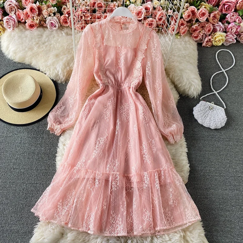 Lace round neck, sweet waist, slim A-line skirt, medium length skirt  3297 a-line skirt cut