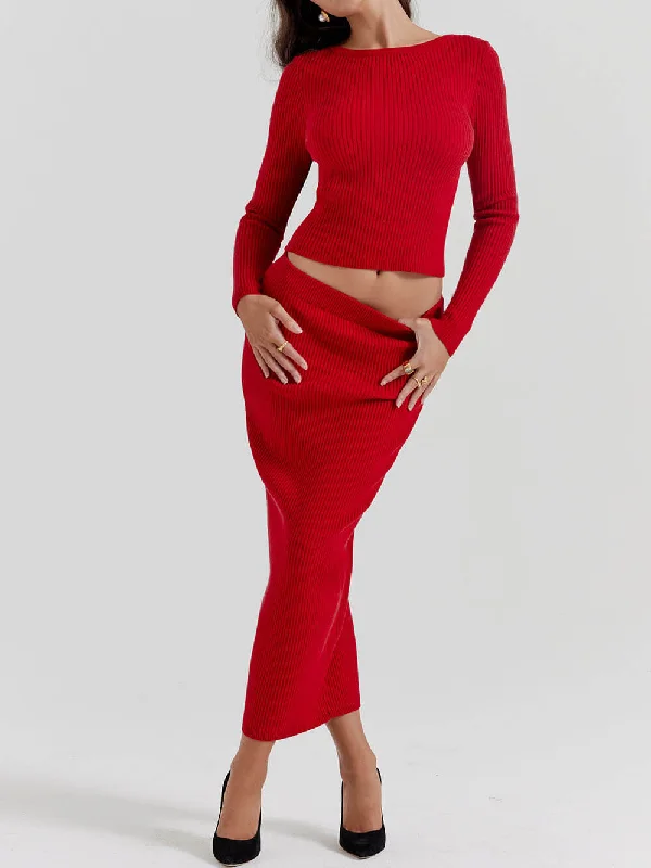 Red Knit-Blend Stylish Maxi Skirt floral skirt print