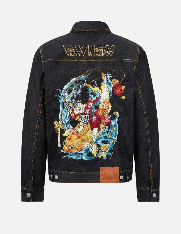 “The God of Fortune Riding Waves” Embroidery Denim Jacket Jersey Jacket Tulle Jacket Batik Jacket “The God of Fortune Riding Waves” Embroidery Denim Jacket Jersey Jacket Tulle Jacket Batik Jacket
