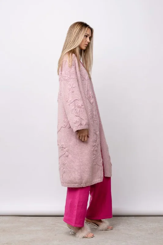 Rosa Long Cardigan Light Pink Notch Collar Peter Pan Collar Cowl Neck