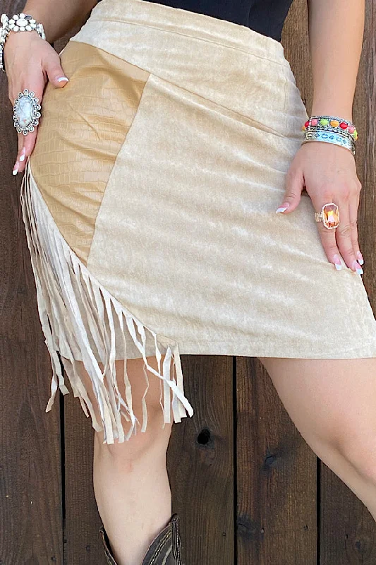 DLH13596 FRINGE TRIM ASYMETRICAL HEM FAUX SUEDE SKIRT tiered skirt playful