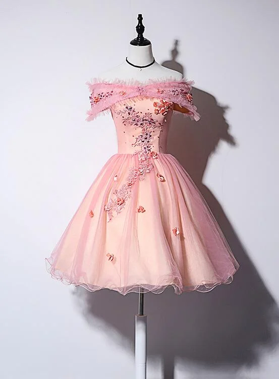 Pink Off Shoulder Lovely Tulle Lace Applique Party Dress, Pink Homecoming Dress Prom Dress Tunics Chinos classic Pink Off Shoulder Lovely Tulle Lace Applique Party Dress, Pink Homecoming Dress Prom Dress Tunics Chinos classic