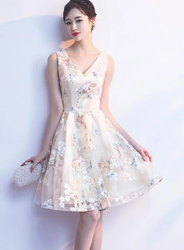 Beautiful Light Champagne V-neckline Floral Short Party Dress, Cute Formal Dresses, Prom Dresses Tunics Chic fashionable Beautiful Light Champagne V-neckline Floral Short Party Dress, Cute Formal Dresses, Prom Dresses Tunics Chic fashionable