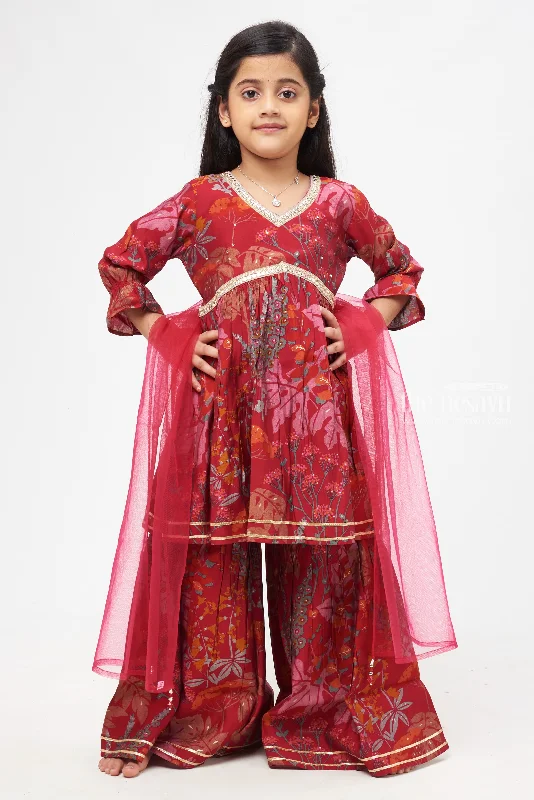 Royal Garnet Kurti Suit with Gharara Pants - Enthralling Floral Elegance for Girls Wide-Legged Palazzos Royal Garnet Kurti Suit with Gharara Pants - Enthralling Floral Elegance for Girls Wide-Legged Palazzos