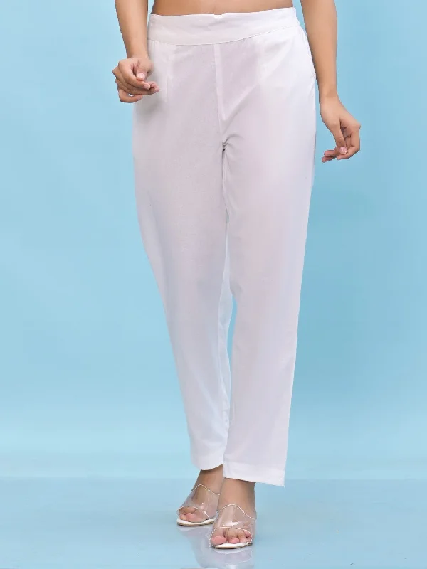 Women White Solid Cotton Pants With Partially Elasticated Waistband And Two Side Pockets Classic Stretch Pants Women White Solid Cotton Pants With Partially Elasticated Waistband And Two Side Pockets Classic Stretch Pants