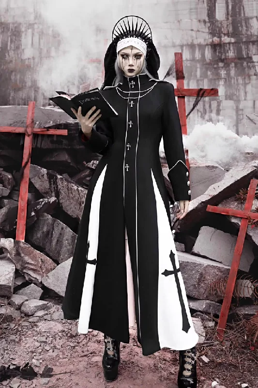 Black [The Trial of a Nun] Cross Print Hollow Cardigan Stitching Gothic Lolita Long Coat Mesh Blend Leather Blend Suede Blend