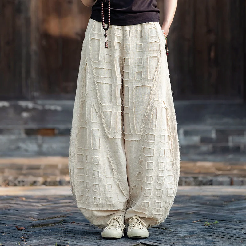 Raw-edge Linen Wide-leg Harem Pants Chic Checkered Pants
