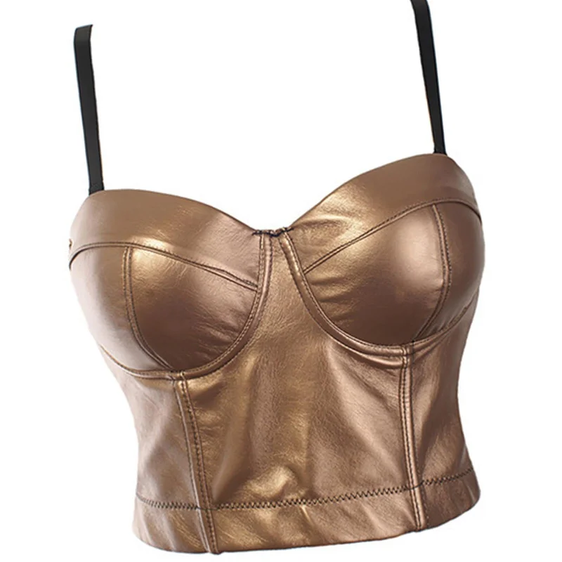 Maxbell Women Bra Tops Spaghetti Camisole Leather Tank Crop Top  72x22CM 36 to 80B Gold high neck tank