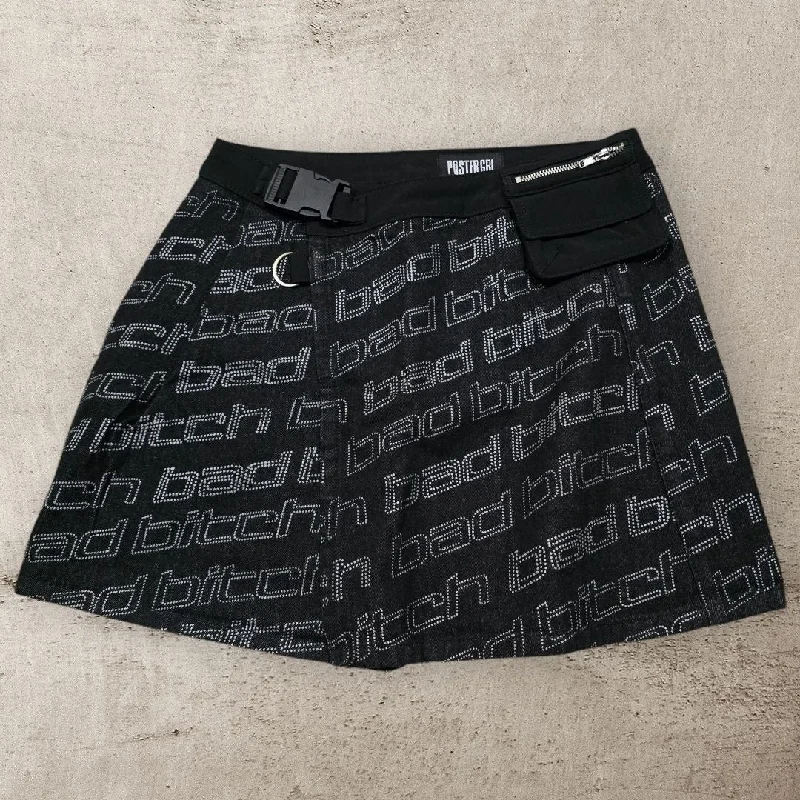 Black Denim Wrap Skirt With Attached Pocket Clip Belt Closure linen skirt airy