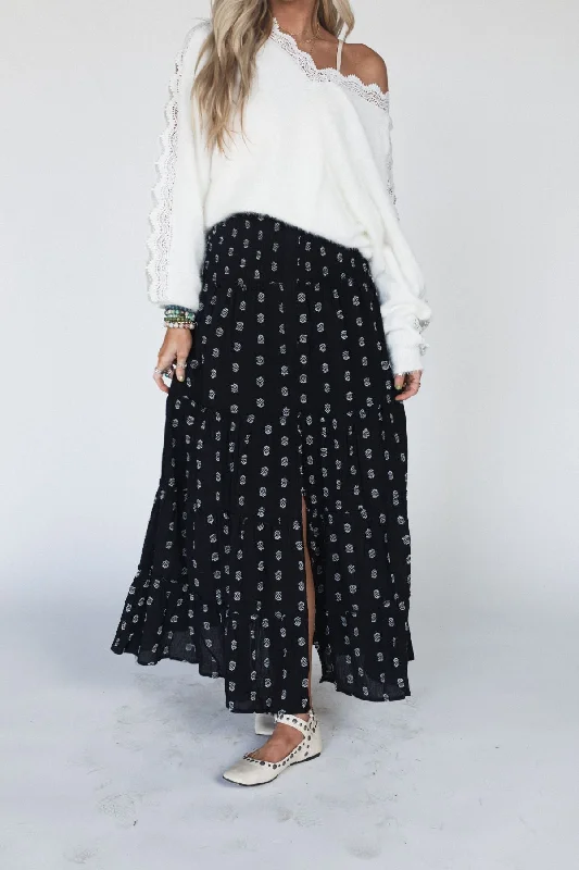 Starla Tiered Maxi Skirt - Black satin skirt smooth