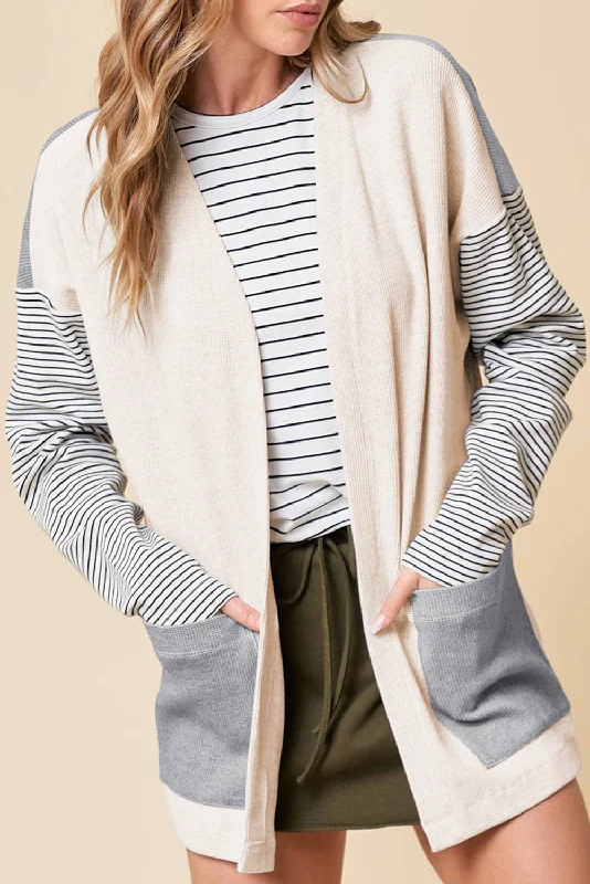 Stripe Colorblock Patchwork Open Front Cardigan with Pocket Embroidered Appliqued Beaded Stripe Colorblock Patchwork Open Front Cardigan with Pocket Embroidered Appliqued Beaded