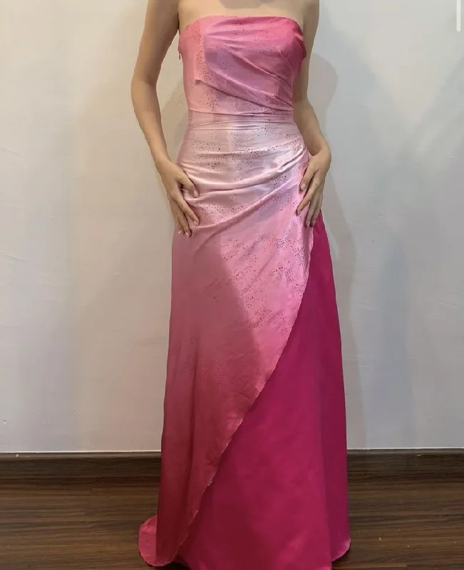 Hot Pink Strapless A-Line Satin Long Party Dress Vintage Evening Dress, DP4905 Tunics Occasion special Hot Pink Strapless A-Line Satin Long Party Dress Vintage Evening Dress, DP4905 Tunics Occasion special