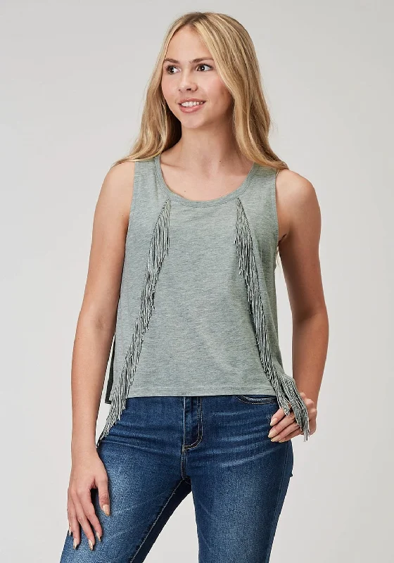 Roper Womens Scoop Neck Fringe Grey Poly/Cotton S/L Tank Top scoop neck tank