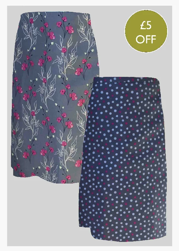 2 Pack Below Knee A-Line Printed VELCRO® Brand Fastening Wrap Skirts Toni Bundle casual skirt length