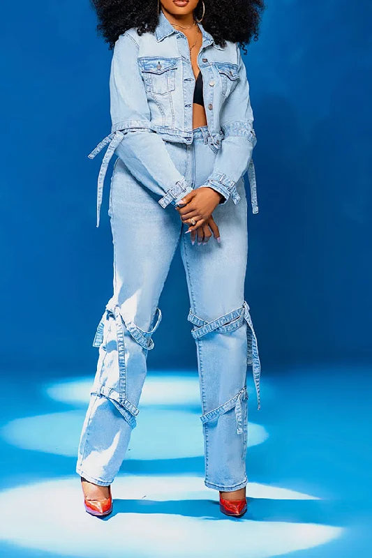 Stylish Solid Denim Jacket & Pants Set Fleece Jacket Down Jacket Feather Jacket