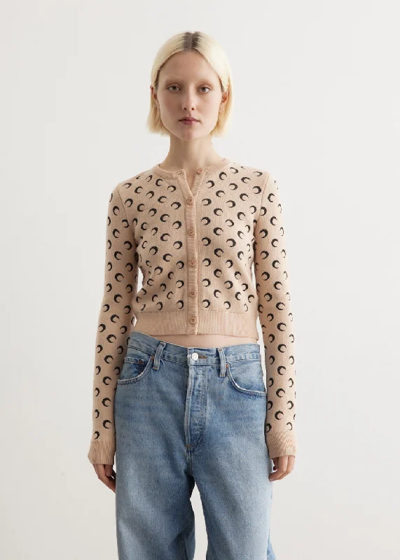 Moon Jacquard Knit Fitted Cardigan Real Fur Shearling Chenille