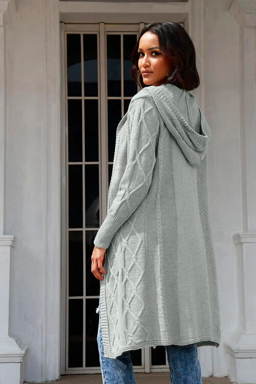 Cable-Knit Open Front Hooded Cardigan Embroidered Appliqued Beaded