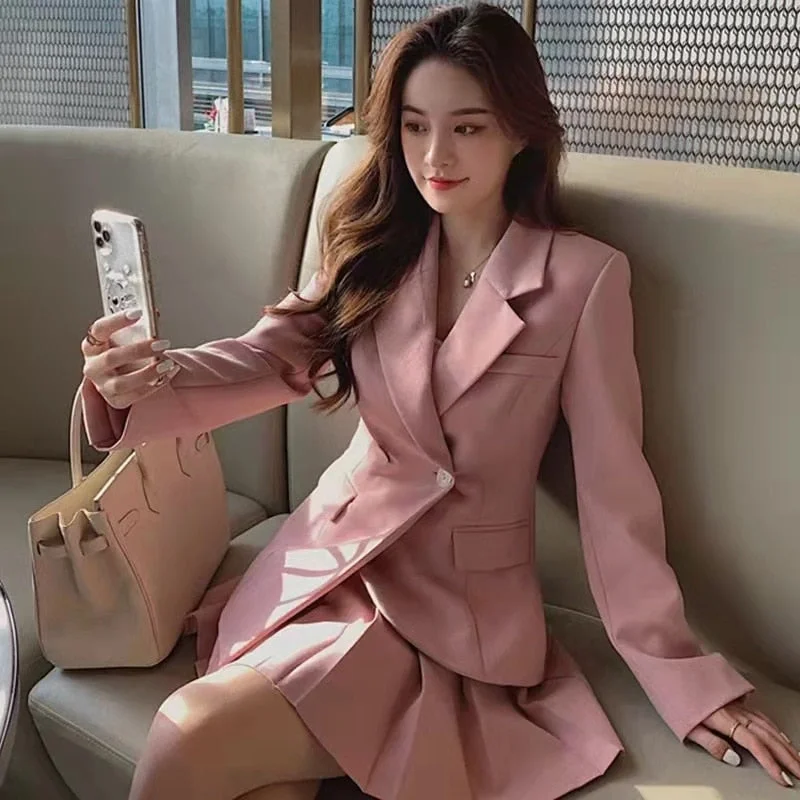 Women Long Sleeve Coat And Mini Skirts Two Pieces Set Office Lady Solid Business Suit Jacket Coat Casual Pleated Skirts Set Front Pockets Side Pockets Patch Pockets Women Long Sleeve Coat And Mini Skirts Two Pieces Set Office Lady Solid Business Suit Jacket Coat Casual Pleated Skirts Set Front Pockets Side Pockets Patch Pockets