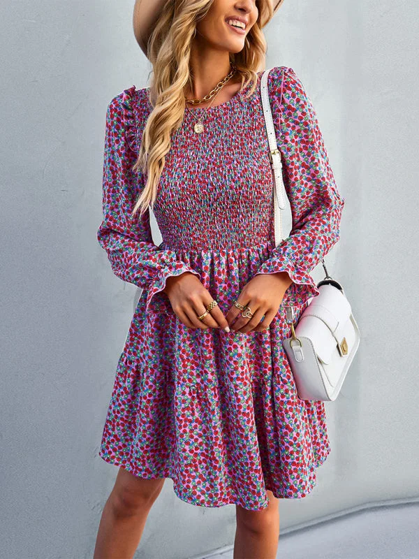 Gown Neck, and for Spring A-Line Flowered Skirt Round Long-Sleeved - Summer velvet skirt plush