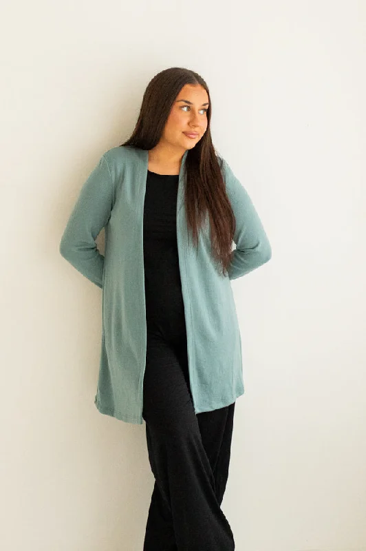 Merino Wool Cardigan Menthol Blue Ribbed Striped Patterned