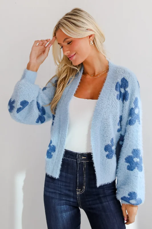 FINAL SALE - Warm Up To You Blue Floral Sweater Cardigan Zippered Buttoned Snapped