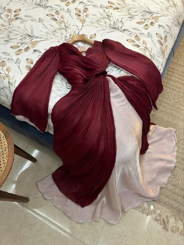 Burgundy V Neck Long Sleeves A-Line Chiffon Long Party Dress Evening Dress, DP4899 Tunics Vintage classic Burgundy V Neck Long Sleeves A-Line Chiffon Long Party Dress Evening Dress, DP4899 Tunics Vintage classic