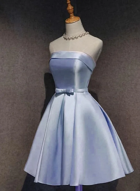 Blue Satin Knee Length Homecoming Dress, Blue Cute Short Party Dress Halter Neckline Beach Blue Satin Knee Length Homecoming Dress, Blue Cute Short Party Dress Halter Neckline Beach